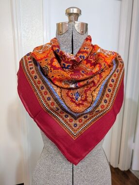 Vintage Paisley Scarf Red Gold Blue - XExlan Acrylic, Made in Japan Square EUC